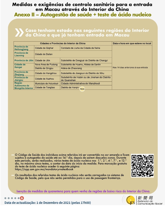 Medidas e exigências de controlo sanitário para a entrada em Macau de indivíduos de diferentes identidades.