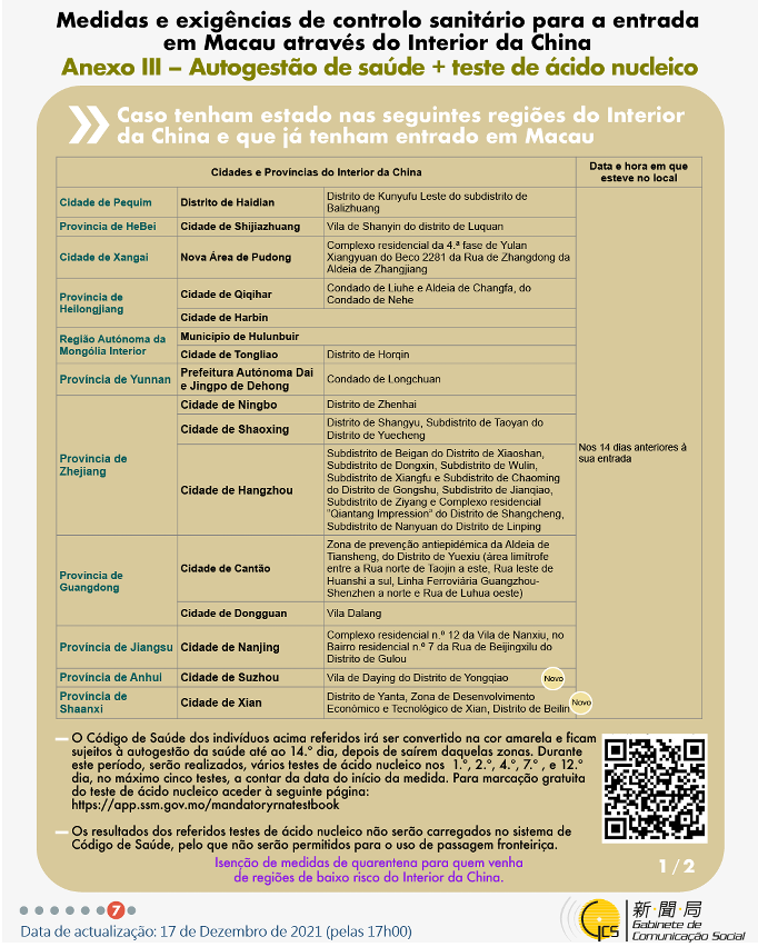 Medidas e exigências de controlo sanitário para a entrada em Macau de indivíduos de diferentes identidades.