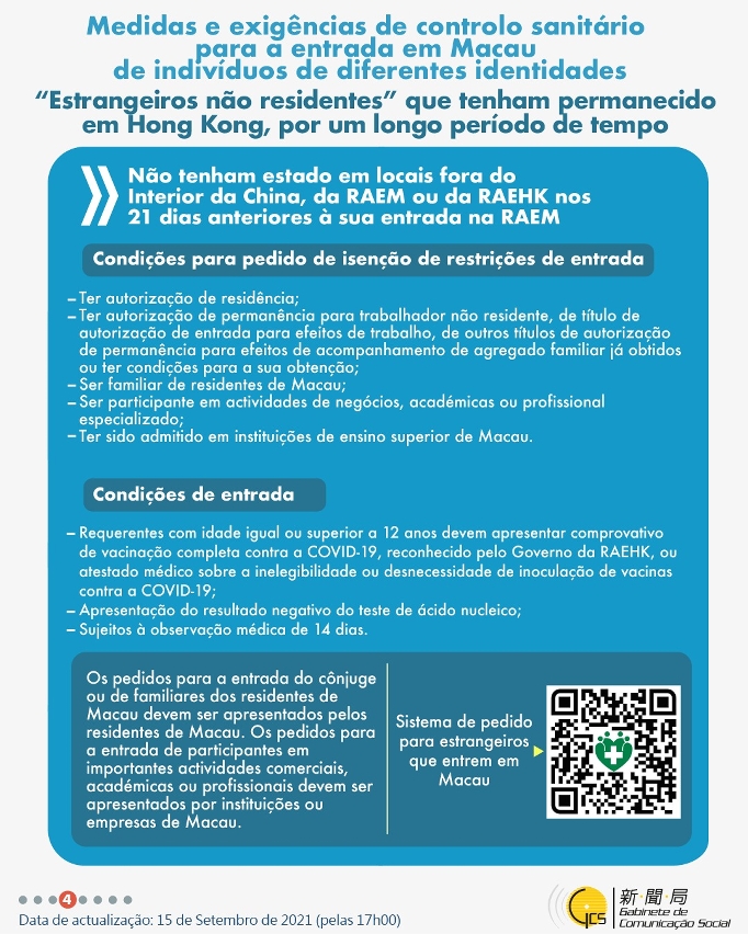 Medidas e exigências de controlo sanitário para a entrada em Macau de indivíduos de diferentes identidades.