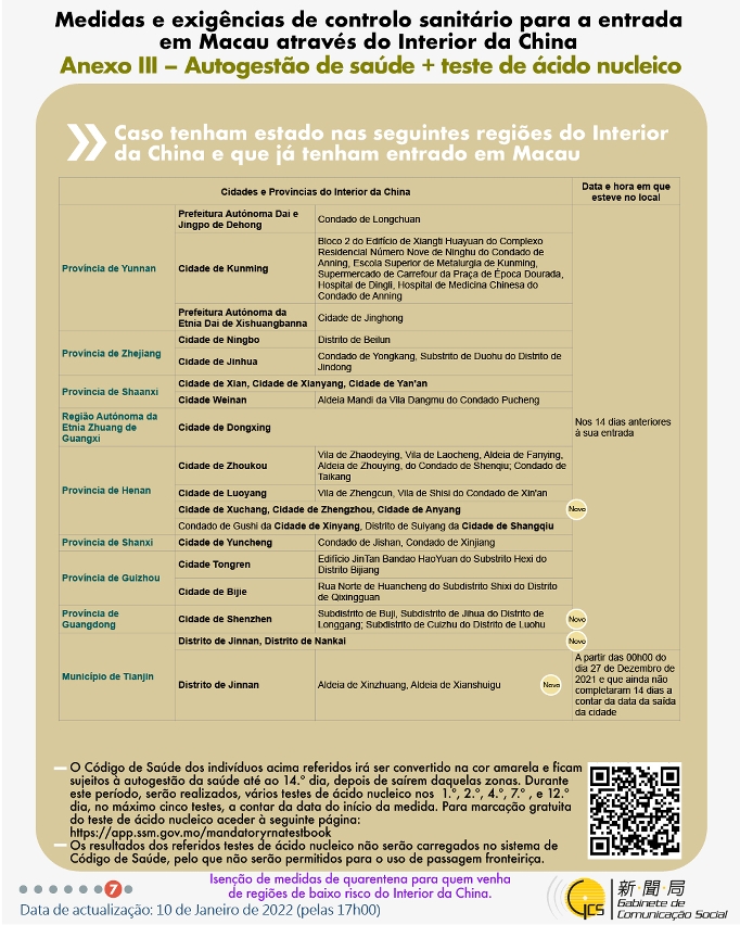 Medidas e exigências de controlo sanitário para a entrada em Macau de indivíduos de diferentes identidades.