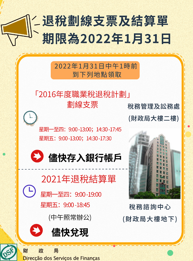 「2016年度職業稅退稅計劃」劃線支票 及2021年發出之退稅結算單 領取及兌現期至2022年1月31日止_圖1