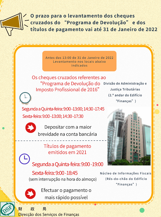 Vai até 31 de Janeiro de 2022, o prazo para o levantamento e o pagamento dos cheques cruzados do “Programa de Devolução do Imposto Profissional de 2016” e dos títulos de pagamento referentes às restituições de imposto, emitidos em 2021_1