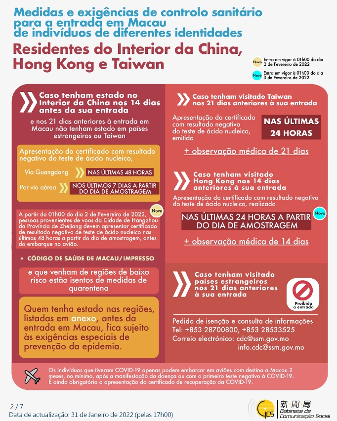 Medidas e exigências de controlo sanitário para a entrada em Macau de indivíduos de diferentes identidades.