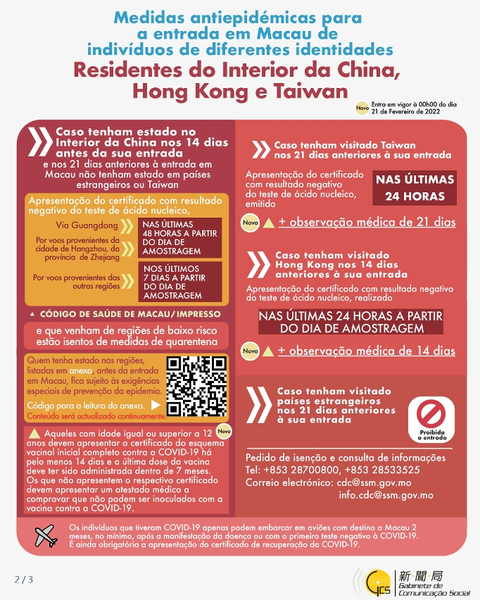 Medidas antiepidémicas para a entrada em Macau de indivíduos de diferentes identidades