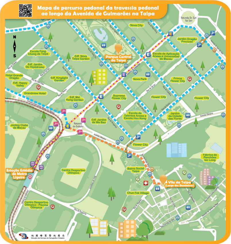 Mapa de percurso pedonal da travessia pedonal ao longo da Avenida de Guimarães na Taipa