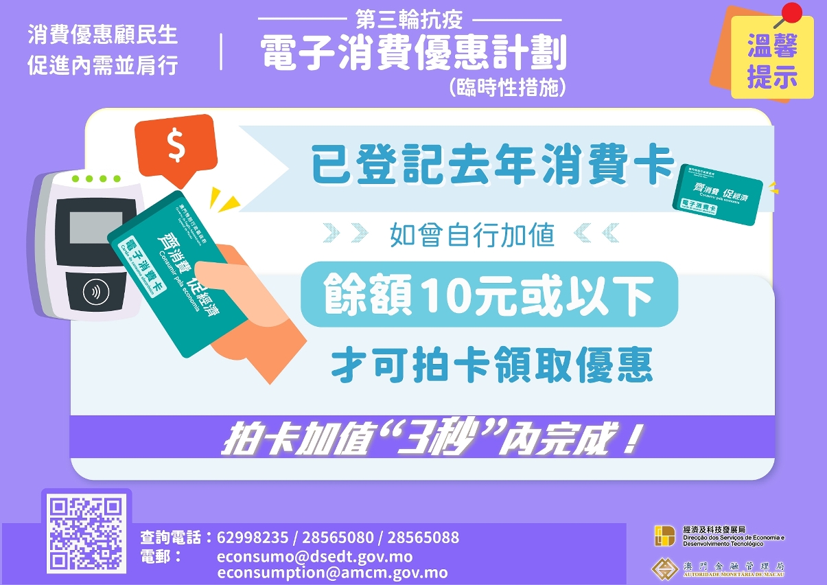 溫馨提示： “消費卡”餘額10元或以下才可拍卡領取優惠
