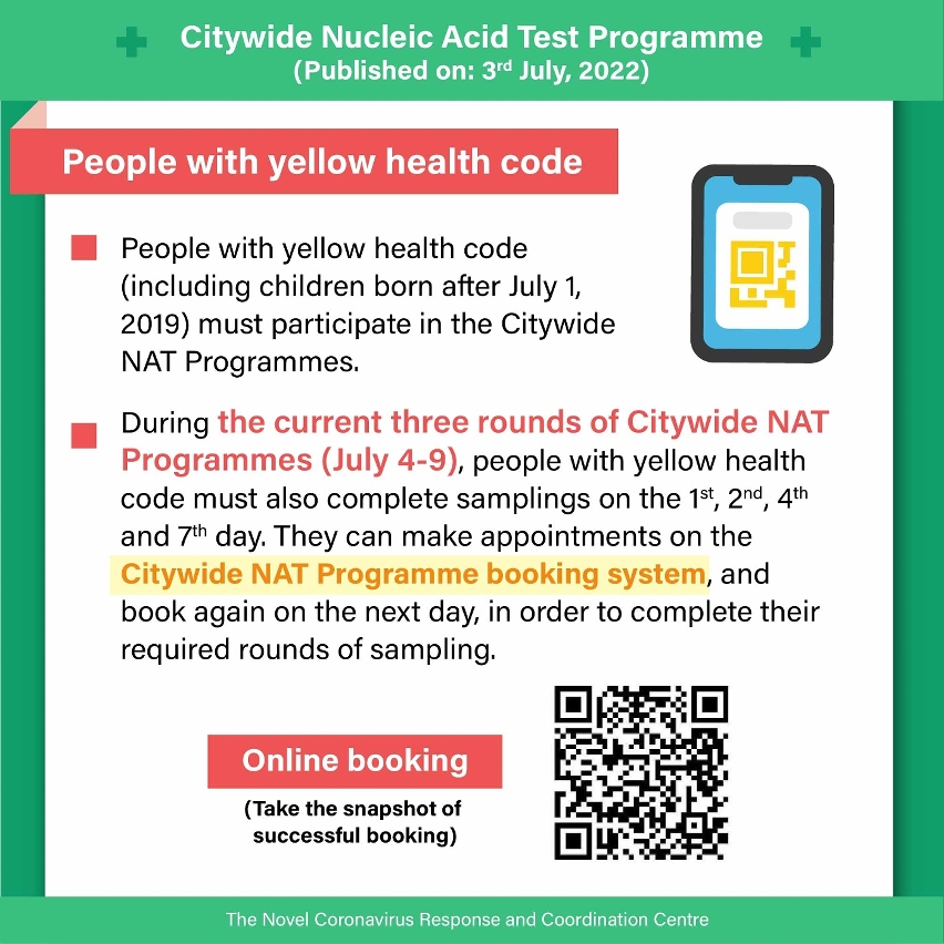 Notes of attention for people with yellow code during the Citywide NAT Programmes