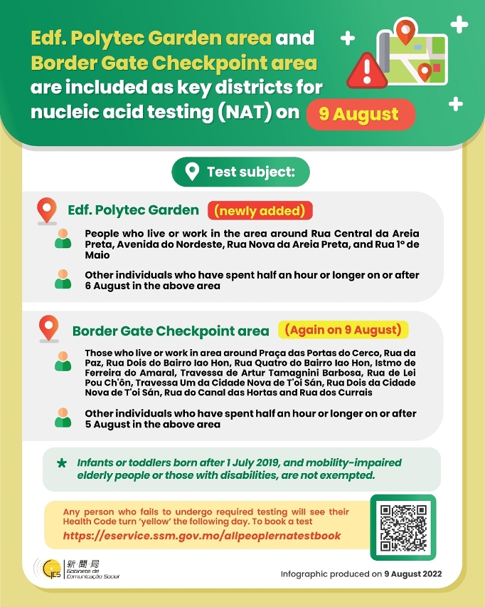 [Infographic] Edf. Polytec Garden area and Border Gate Checkpoint area are included as key districts for nucleic acid testing (NAT) on 9 August