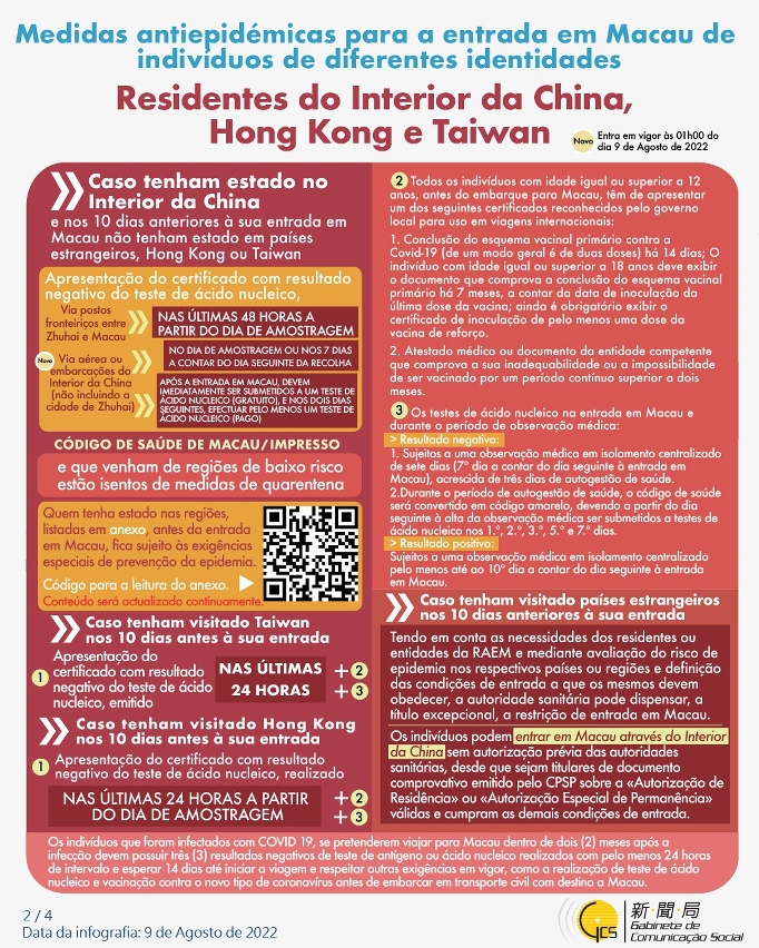 Medidas antiepidémicas para a entrada em Macau de indivíduos de diferentes identidades