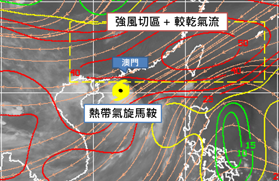 圖3: 風切(等值線，單位knots)及衛星雲圖(資料來源:CIMSS)