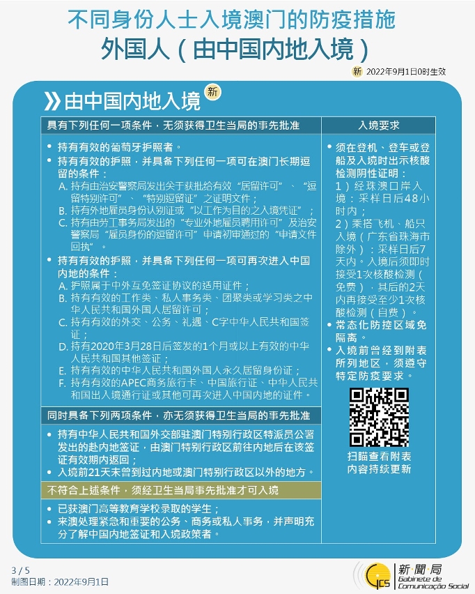 不同身份人士入境澳门的防疫措施