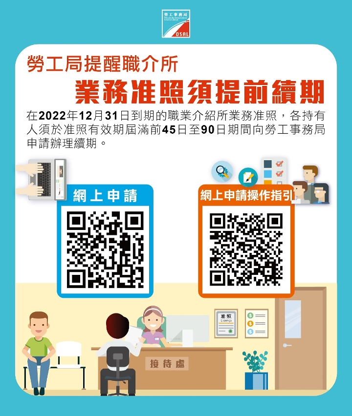 勞工局提醒職介所業務准照須提前續期