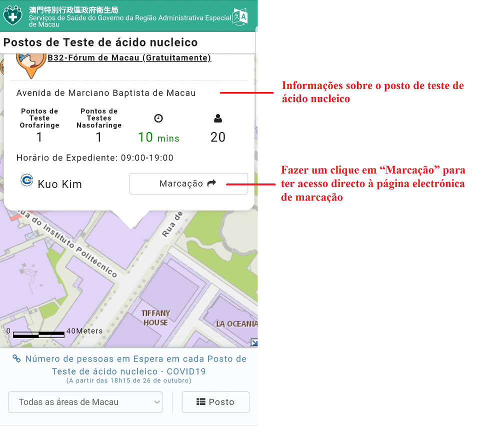 Figura 3: Clique a indicação no mapa para obter as informações do posto de teste de ácido nucleico