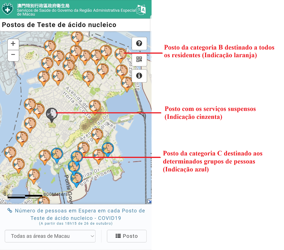 Figura 2: Cada posto de teste de ácido nucleico é assinalado com uma indicação de cor diferente no Mapa