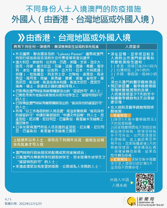 不同身份人士入境澳門的防疫措施