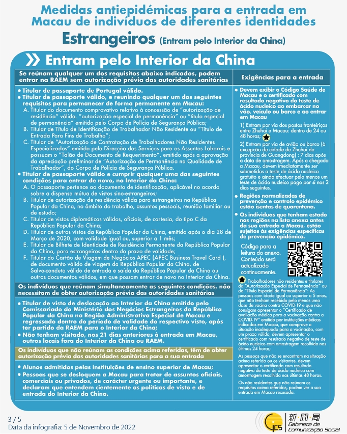 Medidas antiepidémicas para a entrada em Macau de indivíduos de diferentes identidades