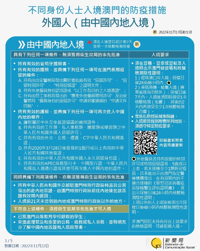 不同身份人士入境澳門的防疫措施