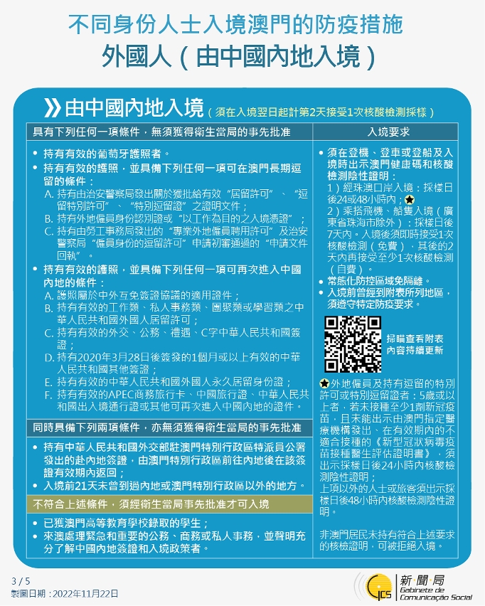 不同身份人士入境澳門的防疫措施