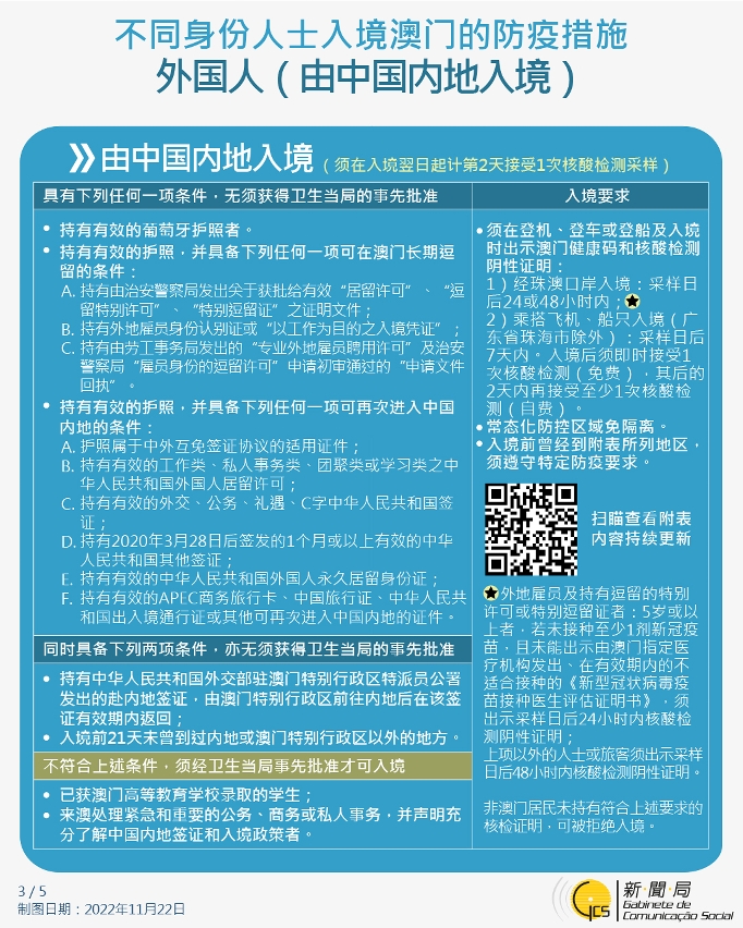 不同身份人士入境澳门的防疫措施