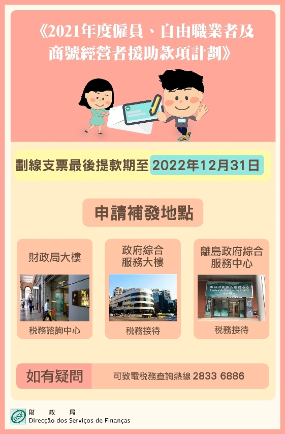 《2021年度僱員、自由職業者及商號經營者援助款項計劃》 劃線支票最後提款期至2022年12月31日