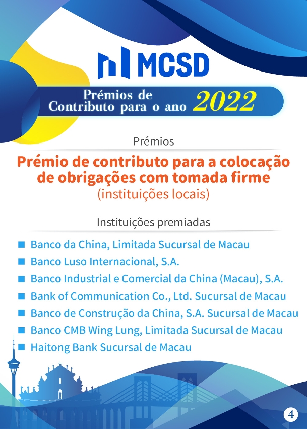 Lista das instituições premiadas na Cerimónia de atribuição de prémios relativos aos contributos para o mercado de obrigações de Macau