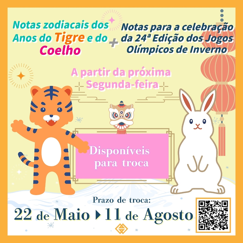 Troca de notas zodiacais dos Anos do Tigre e do Coelho e de notas para a celebração da 24ª Edição dos Jogos Olímpicos de Inverno inicia-se na próxima segunda-feira (dia 22)