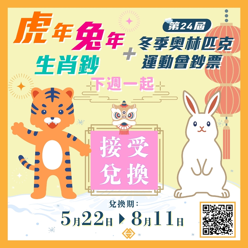 虎年、兔年生肖鈔及第24屆冬季奧林匹克運動會鈔票 下週一（22日）起接受兌換