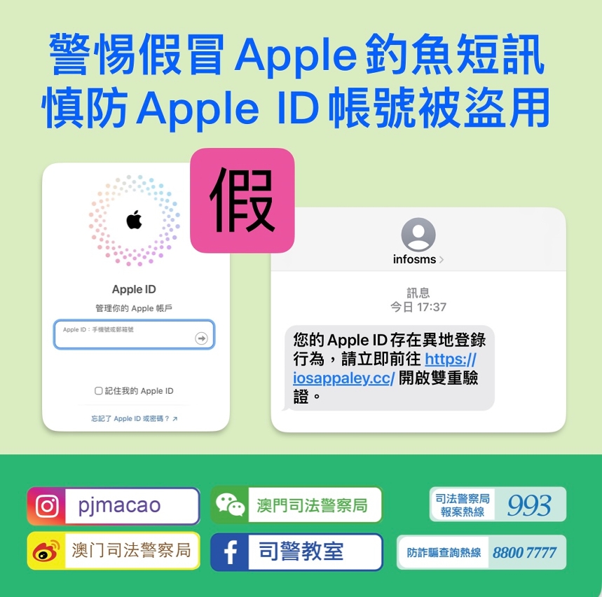 警惕假冒Apple釣魚短訊  慎防Apple ID帳號被盜用