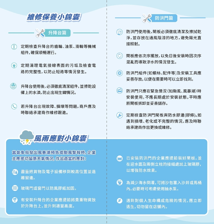生產力中心向商戶提供防浸設備維修保養及風雨應對小錦囊