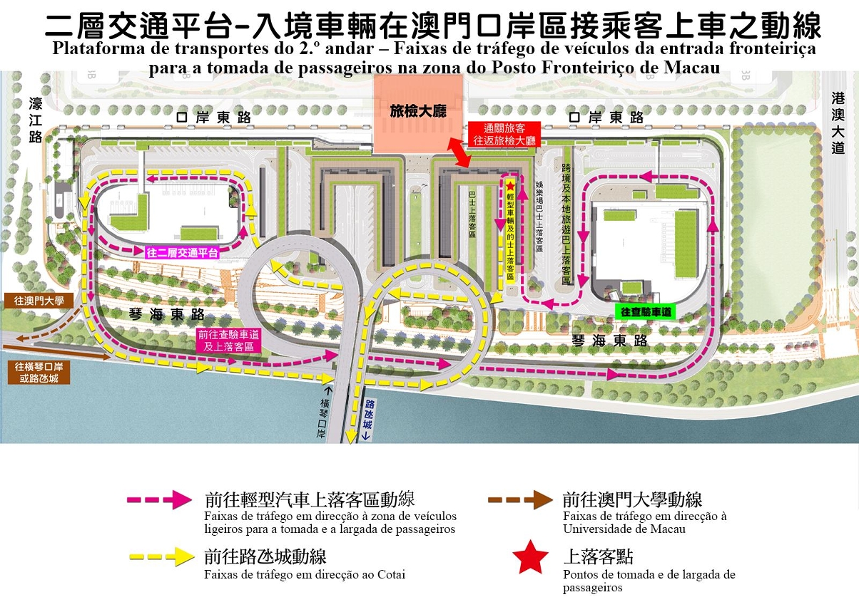 (imagem 2) plataforma de transportes do 2.º piso – faixas de tráfego de veículos da entrada fronteiriça para a tomada de passageiros na zona do posto fronteiriço de macau