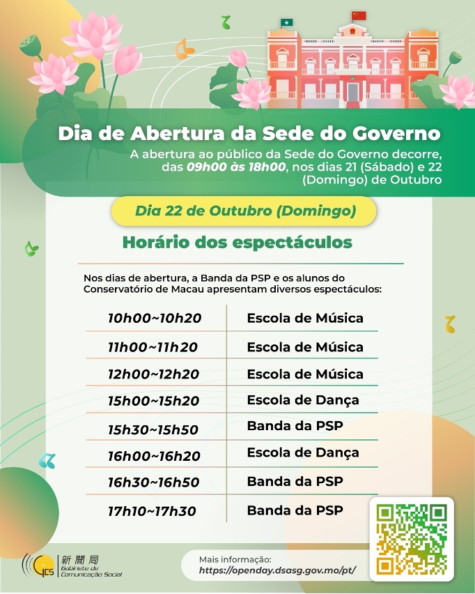 Dia de abertura da Sede do Governo - Horário dos espectáculos do dia 22 de Outubro