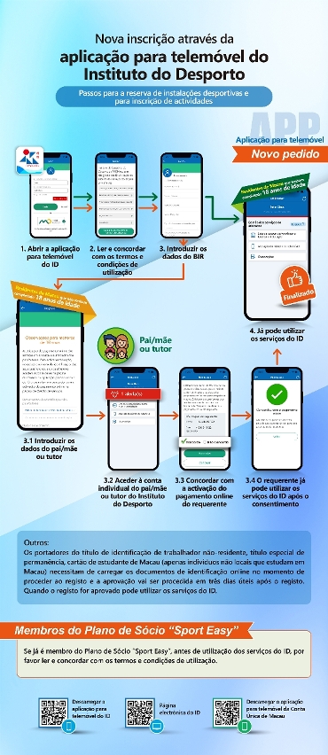 Nova inscrição através da aplicação para telemóvel do Instituto do Desporto - Passos para a reserva de instalações desportivas e para inscrição de actividades