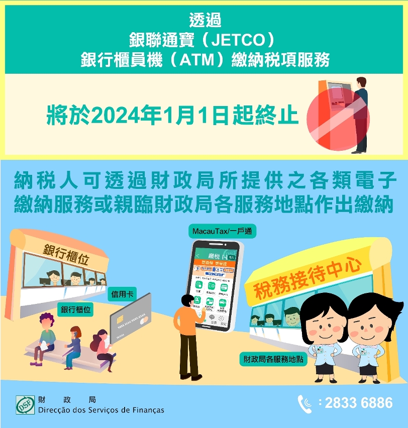 財政局推動電子政務2024年1月1日起終止使用銀聯通寶（JETCO）銀行櫃員機（ATM） 繳納稅項