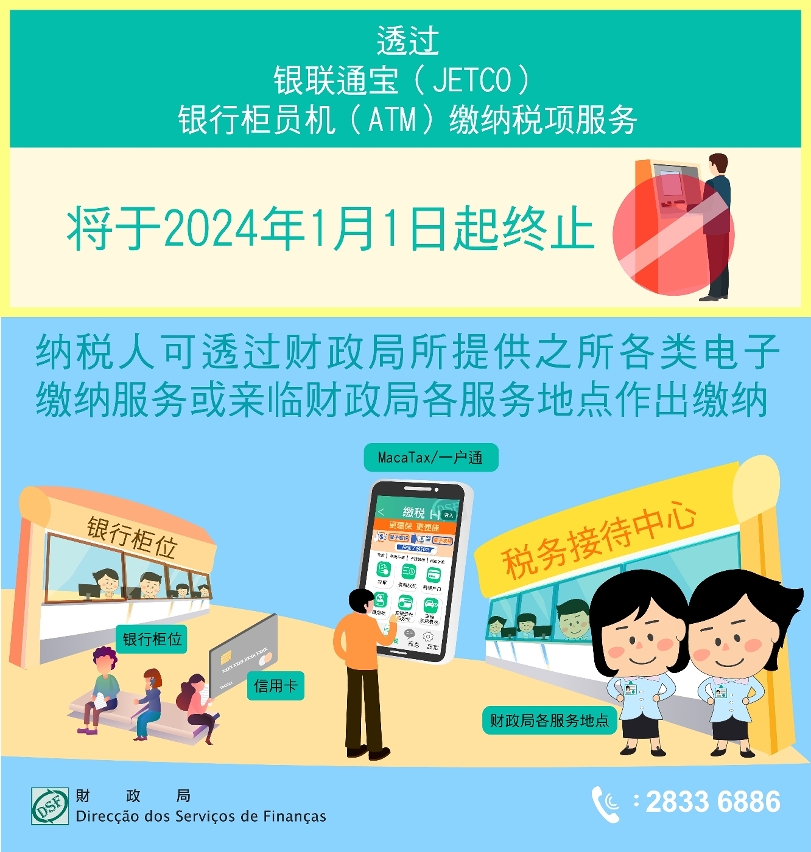 财政局推动电子政务2024年1月1日起终止使用银联通宝（JETCO）银行柜员机（ATM） 缴纳税项