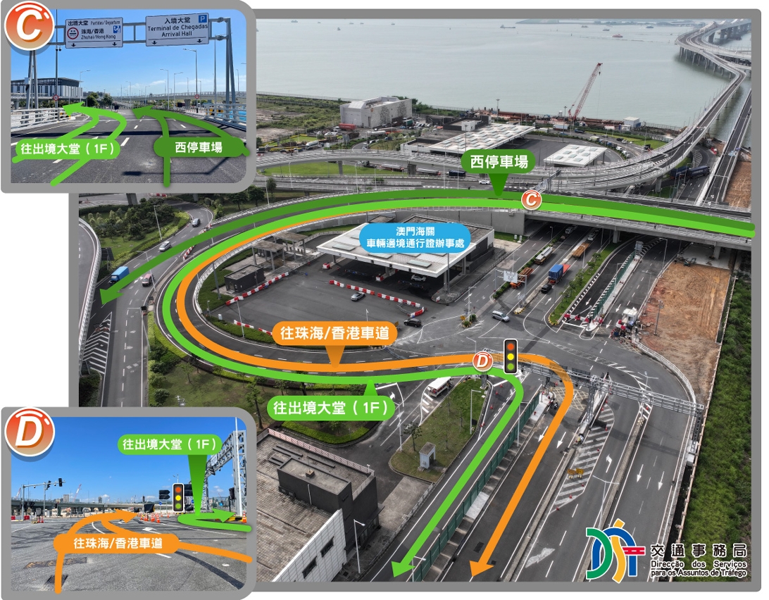 由风顺大马路前往出境大堂、往珠海/香港车道、西停车场之行车动线