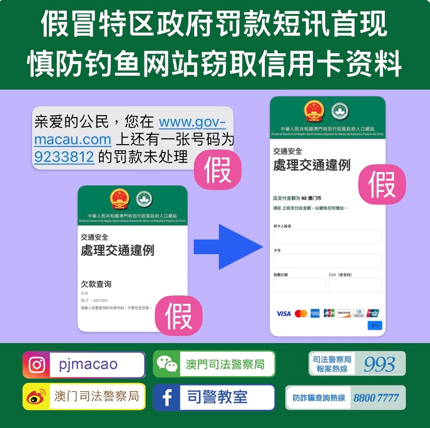 假冒特區政府罰款短訊首現  慎防釣魚網站竊取信用卡資料