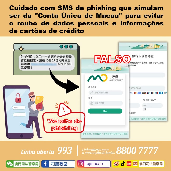 Cuidado com SMS de phishing que simulam ser da “Conta Única de Macau” para evitar o roubo de dados pessoais e informações de cartões de crédito