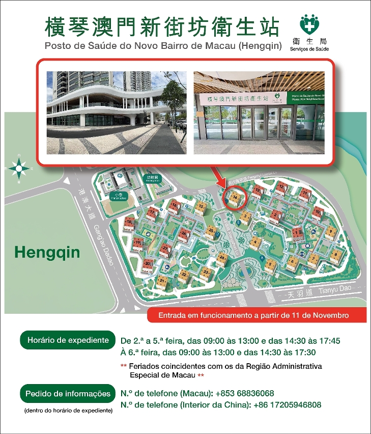 Infografia do Posto de Saúde do Novo Bairro de Macau (Hengqin)