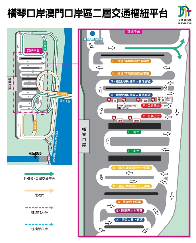 横琴口岸澳门口岸区二层交通枢纽平台布局及行车动线示意图