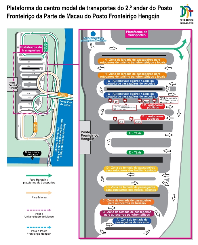Diagrama de disposição da plataforma e das linhas de tráfego da plataforma do centro modal de transportes do 2.º andar do posto fronteiriço da parte de macau do posto fronteiriço hengqin