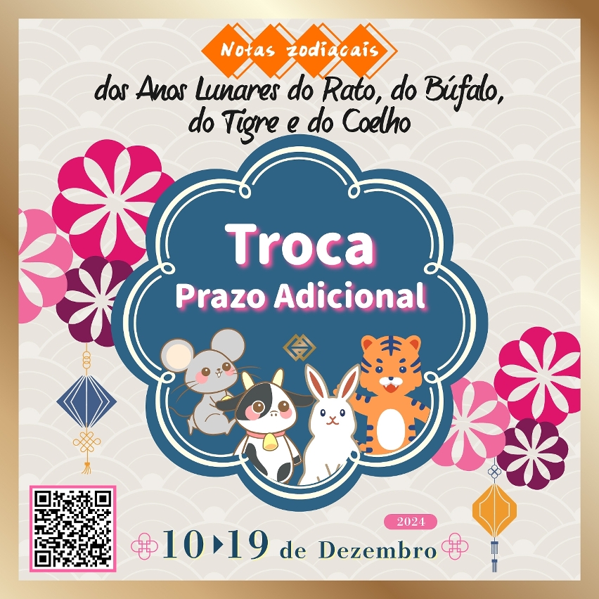 O prazo adicional para troca das notas zodiacais dos Anos do Rato, do Búfalo, do Tigre e do Coelho decorrerá até 19 de Dezembro