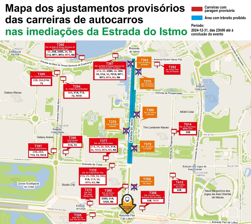 mapa dos ajustamentos provisórios das carreiras de autocarros nas imediações da estrada do istmo