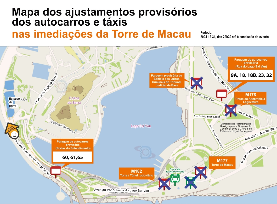 mapa dos ajustamentos provisórios dos autocarros e táxis nas imediações da torre de macau