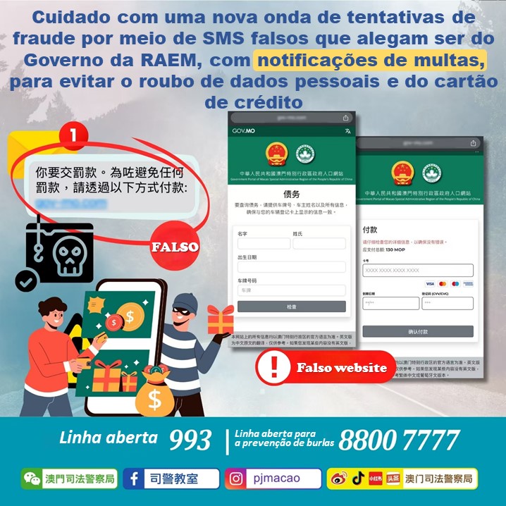 Cuidado com uma nova onda de tentativas de fraude por meio de SMS falsos que alegam ser do Governo da RAEM, com notificações de multas, para evitar o roubo de dados pessoais e do cartão de crédito