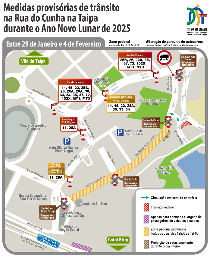 Medidas provisórias de trânsito na Rua do Cunha na Taipa durante o Ano Novo Lunar de 2025