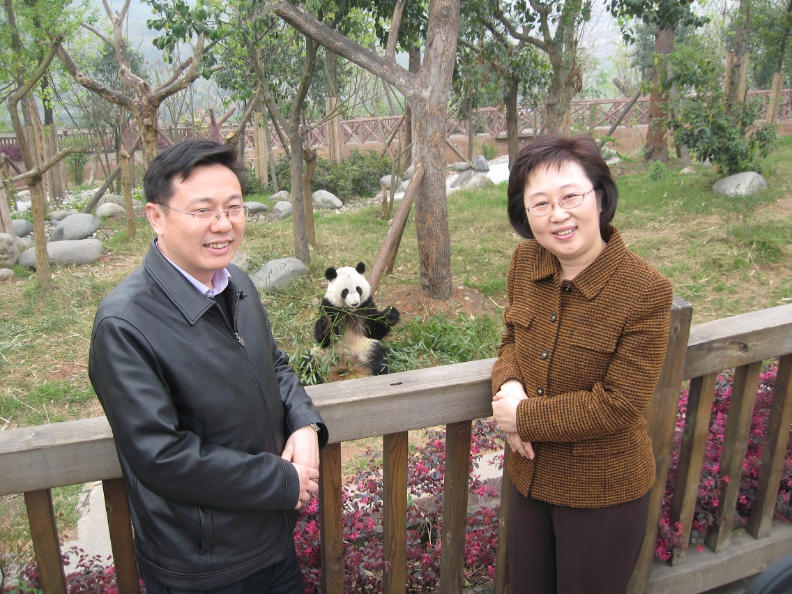 Visita conjunta à Chengdu Research Base of Giant Panda Breeding, do director do Departamento de Ligação do Gabinete para os Assuntos de Hong Kong e Macau do Conselho de Estado, Qian Yibing, e da Secretária para a Administração e Justiça de Macau, Florinda Chan.