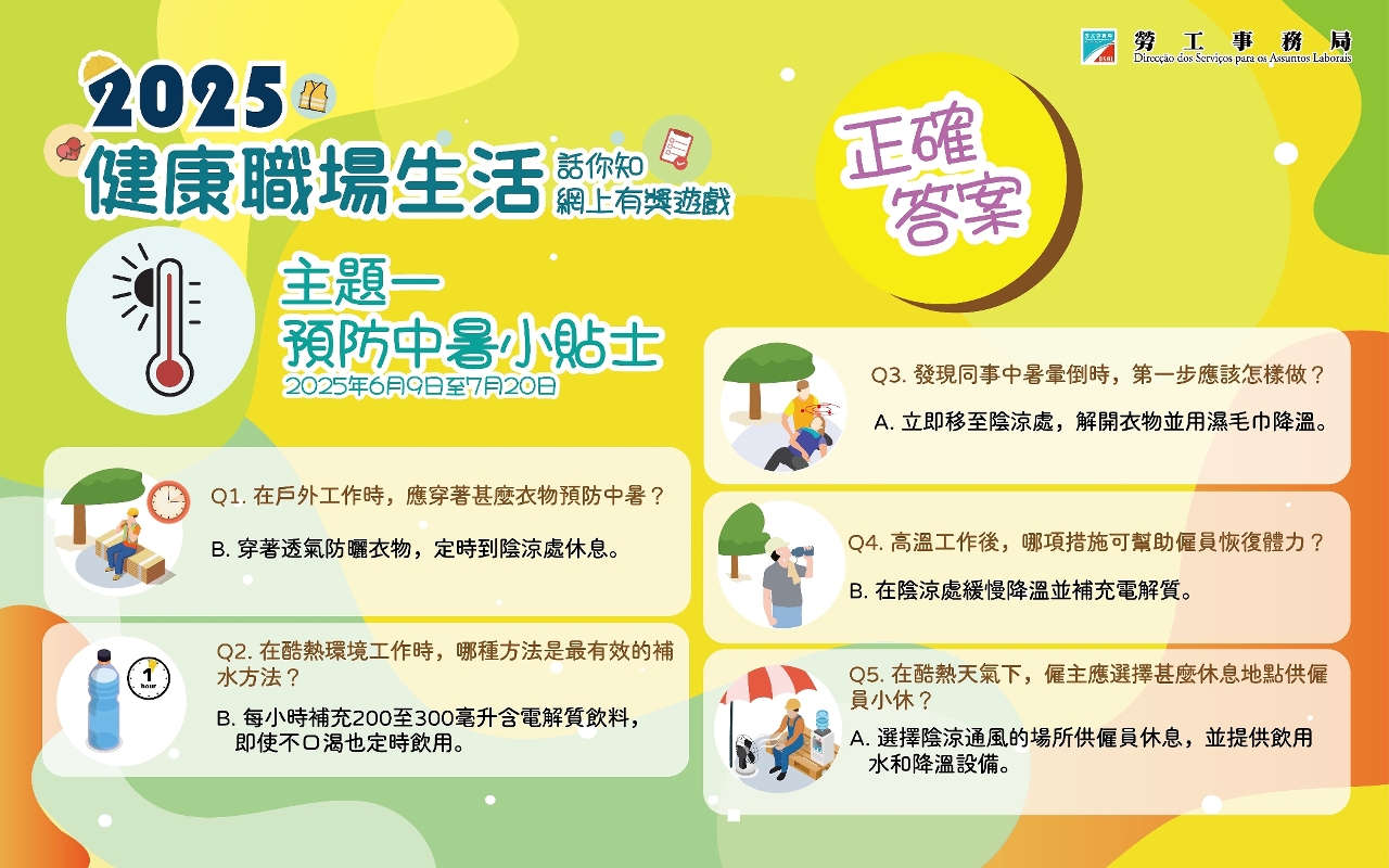 勞工局”預防中暑小貼士”有獎遊戲正確答案
