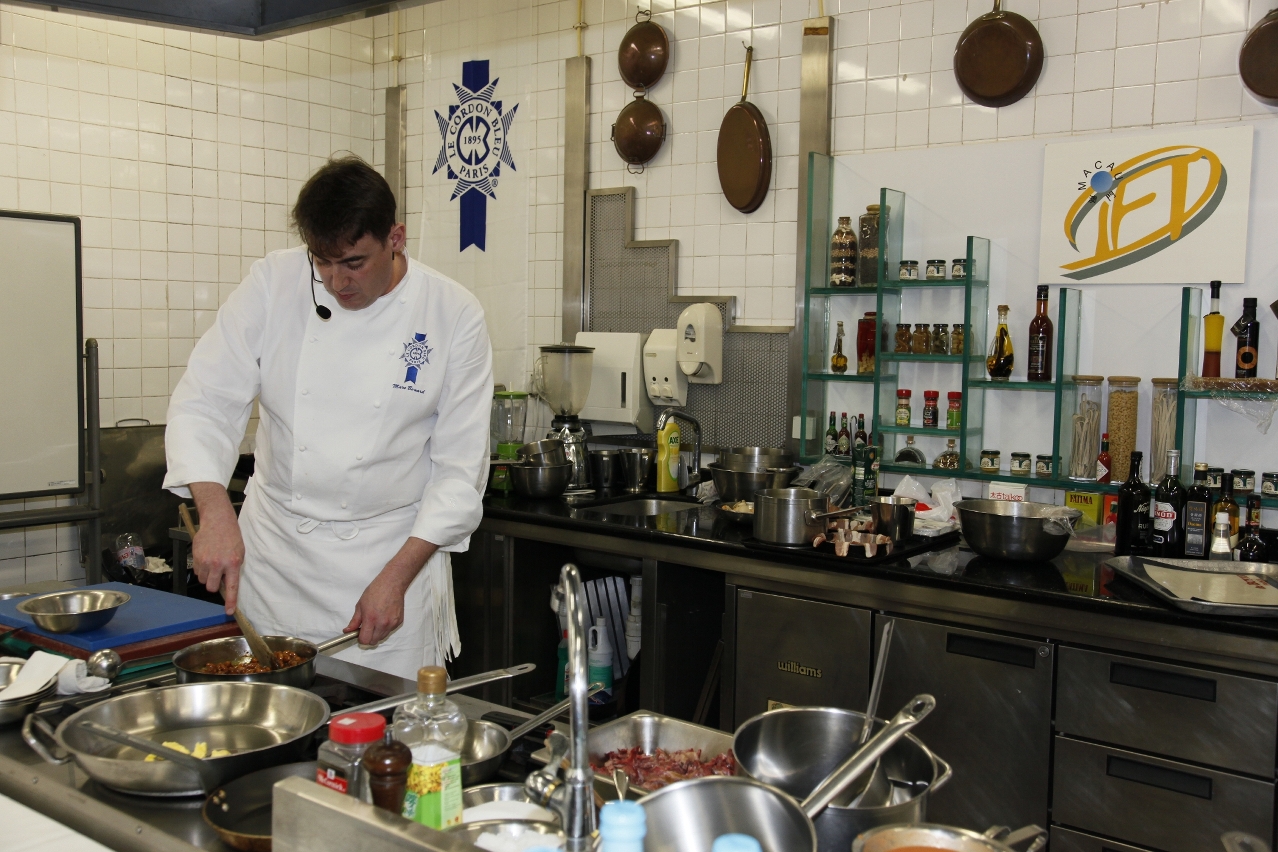 Executive Chef Marc Bonard, of the Le Cordon Bleu Japan Culinary Arts Schools demonstrating French cuisine cooking techniques.