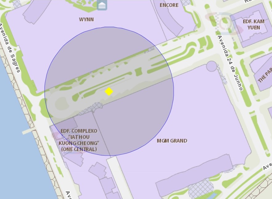 a área de risco com um raio de 100 metros, circunda a paragem de autocarros dos casinos wynn macau