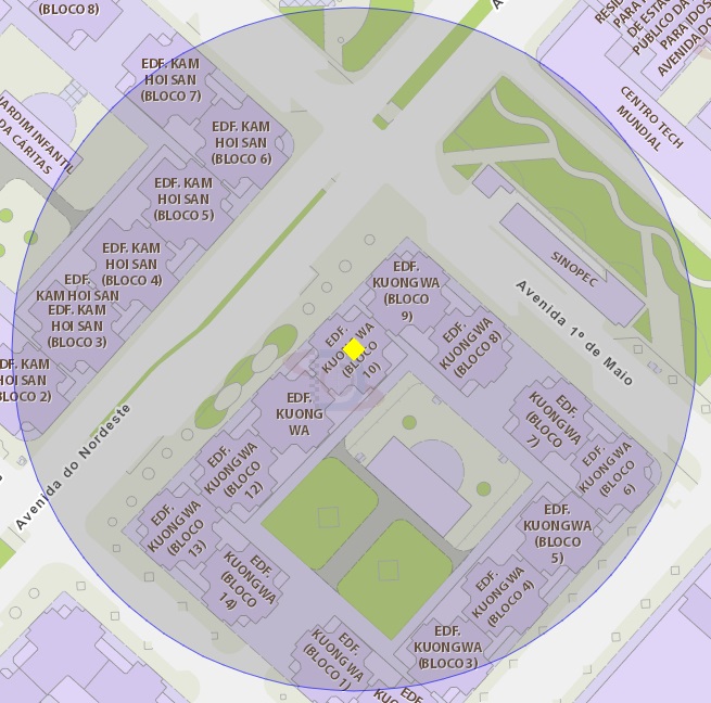 a área de risco com um raio de 100 metros, delimita o bloco 10 do edifício kuong wa (situado na avenida do nordeste, n.º 386, macau)